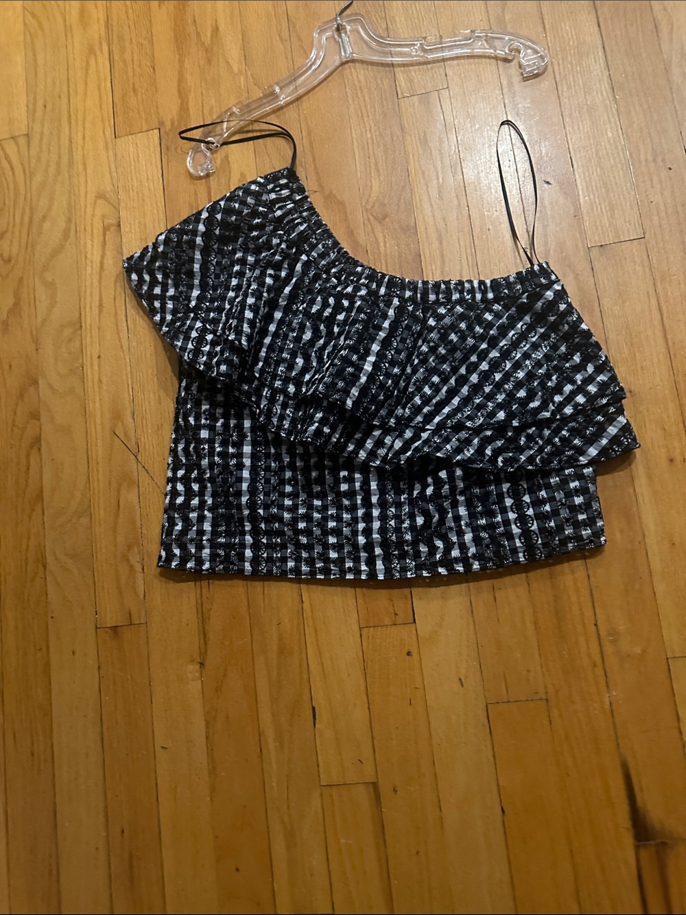 One-Shoulder Ruffle Crop Top in Black and White